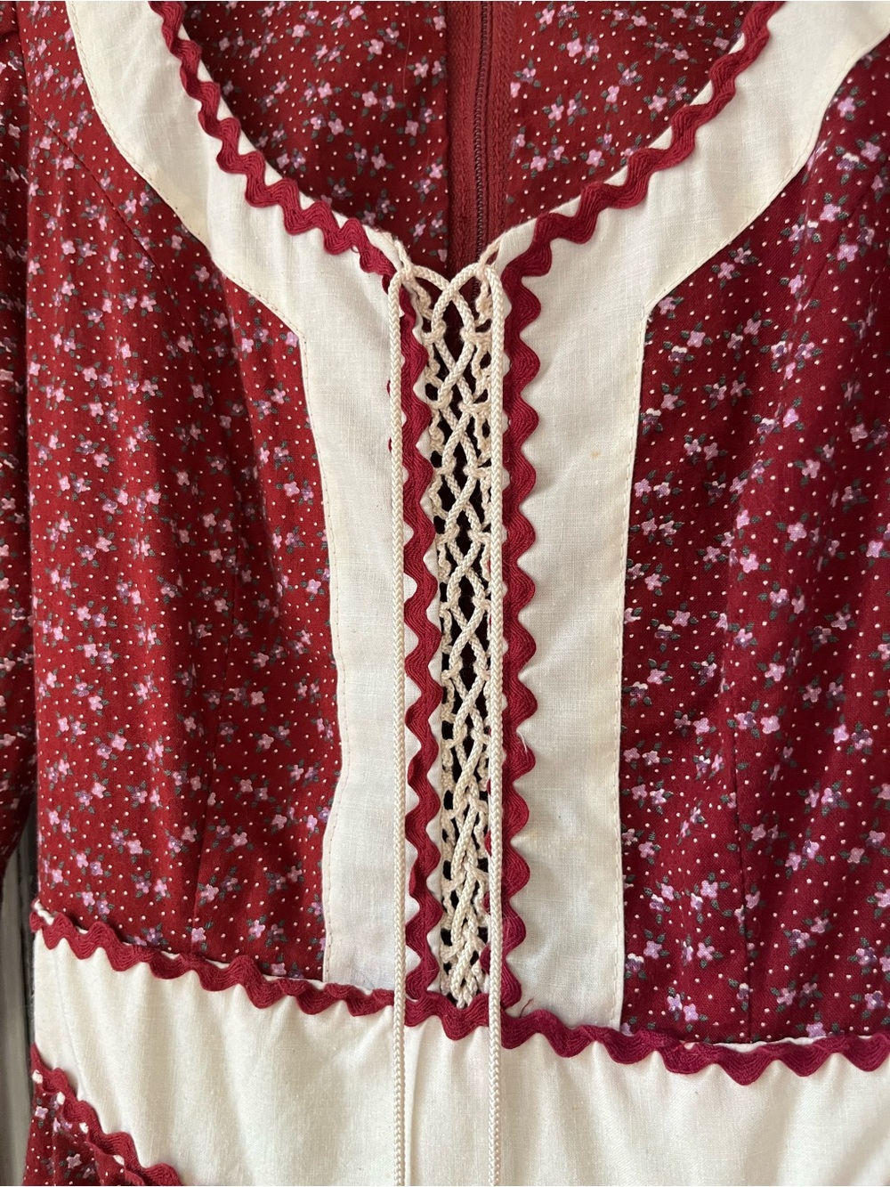 Vintage 70s Gunne Sax Cottagecore Burgundy Red Floral Corset Midi Dress XS - Picture 3 of 16